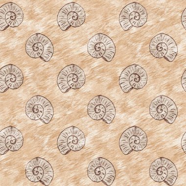 Yeşil el, ammonit fosilini dikişsiz desen olarak çizdi. Cinsiyet Tarafsız Bebek Nusrsery Jurassic silueti. Müze, neslin tükenmesi ve tekstil tasarımı için ev dekorasyonu