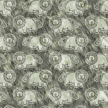 Bebek odası dekorasyonu için şirin bir safari aslanı deseni. Kusursuz kürksüz yeşil desenli cinsiyet nötr iz tasarımı