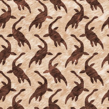 Kahverengi el plesiosaur dinazorunu kusursuz şekilde çizmiş. Bebek yuvası için cinsiyet Nötr Jurasik fosil silueti. Müze, nesli tükenme ve tekstil tasarımı için cinsiyet ayrımı yapılmamış ev dekorasyonu 