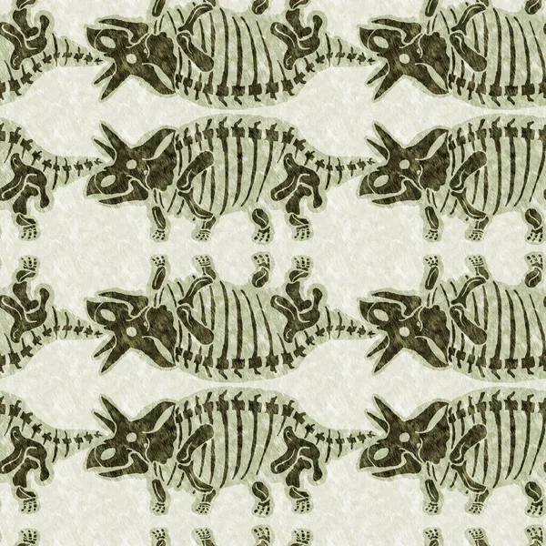 Green triceratops dinosaur fossil bones seamless pattern. Gender Neutral Jurassic silhouette for baby nursery. Gender neutral home decor for museum, extinction and textile design