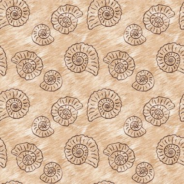 Yeşil el, ammonit fosilini dikişsiz desen olarak çizdi. Cinsiyet Tarafsız Bebek Nusrsery Jurassic silueti. Müze, neslin tükenmesi ve tekstil tasarımı için ev dekorasyonu