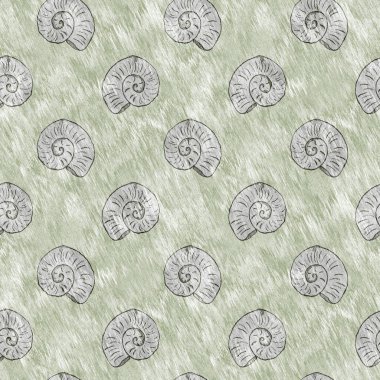 Yeşil el, ammonit fosilini dikişsiz desen olarak çizdi. Cinsiyet Tarafsız Bebek Nusrsery Jurassic silueti. Müze, neslin tükenmesi ve tekstil tasarımı için ev dekorasyonu
