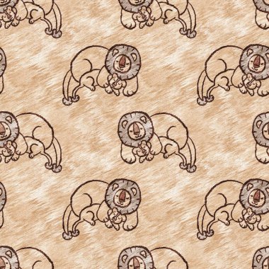 Bebek odası dekorasyonu için şirin bir safari vahşi aslan deseni. Kusursuz kürksüz kahverengi desenli cinsiyet nötr iz tasarımı