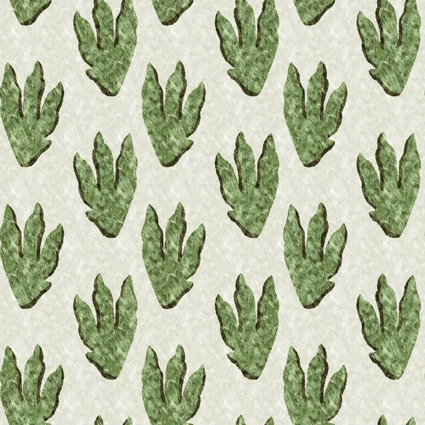 Green hand drawn dinosaur foot print seamless pattern. Gender Neutral Jurassic fossil silhouette for baby nursery. Home decor for museum, extinction and textile design