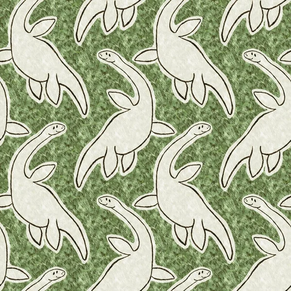 Зеленый Ручной Рисунок Динозавра Плезиозавра Бесшовный Узор Гендерно Нейтральный Юрский — стоковое фото