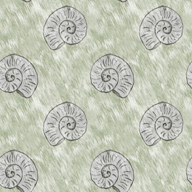 Yeşil el, ammonit fosilini dikişsiz desen olarak çizdi. Cinsiyet Tarafsız Bebek Nusrsery Jurassic silueti. Müze, neslin tükenmesi ve tekstil tasarımı için ev dekorasyonu
