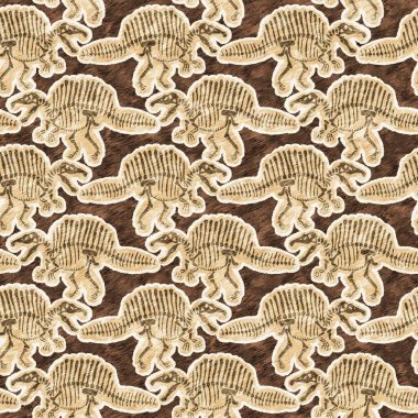 Kahverengi el, Spinosaurus fosil kemikleri çizdi dinozor dikişsiz deseni. Bebek odası için cinsiyet olarak Tarafsız Jurasik siluet. Müze, neslin tükenmesi ve tekstil tasarımı için ev dekorasyonu