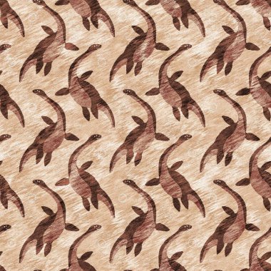 Kahverengi el plesiosaur dinazorunu kusursuz şekilde çizmiş. Bebek yuvası için cinsiyet Nötr Jurasik fosil silueti. Müze, nesli tükenme ve tekstil tasarımı için cinsiyet ayrımı yapılmamış ev dekorasyonu 