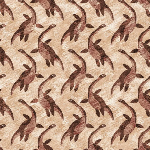 Brown Hand Drawn Plesiosaur Dinosaur Seamless Pattern Gender Neutral Jurassic — Stock Photo, Image