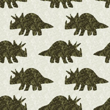 Green hand drawn triceratops dinosaur seamless pattern. Gender Neutral Jurassic fossil silhouette for baby nursery. Gender neutral home decor for museum, extinction and textile design