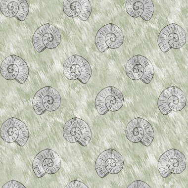 Yeşil el, ammonit fosilini dikişsiz desen olarak çizdi. Cinsiyet Tarafsız Bebek Nusrsery Jurassic silueti. Müze, neslin tükenmesi ve tekstil tasarımı için ev dekorasyonu