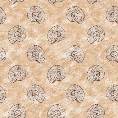 Yeşil el, ammonit fosilini dikişsiz desen olarak çizdi. Cinsiyet Tarafsız Bebek Nusrsery Jurassic silueti. Müze, neslin tükenmesi ve tekstil tasarımı için ev dekorasyonu