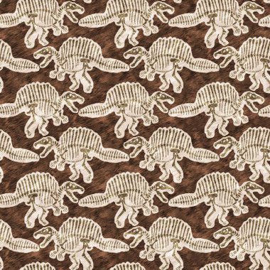 Kahverengi el, Spinosaurus fosil kemikleri çizdi dinozor dikişsiz deseni. Bebek odası için cinsiyet olarak Tarafsız Jurasik siluet. Müze, neslin tükenmesi ve tekstil tasarımı için ev dekorasyonu