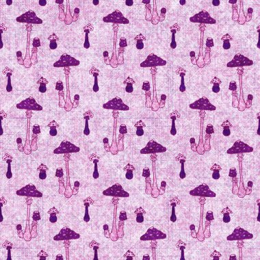 Mantar pembesi kumaş dokusu deseni. Kusursuz örülmüş orman mantarı dekoru desenli tuval sonbaharı. 