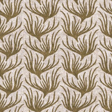 Sepia nötr botanik yaprak dikişsiz keten deseni. Yastık fırlatmak ve mobilya yapmak için organik doğal ton yeşilliği tasarımı. Modern bej kahverengi nötr ev dekorasyonu tekstil kumaşı