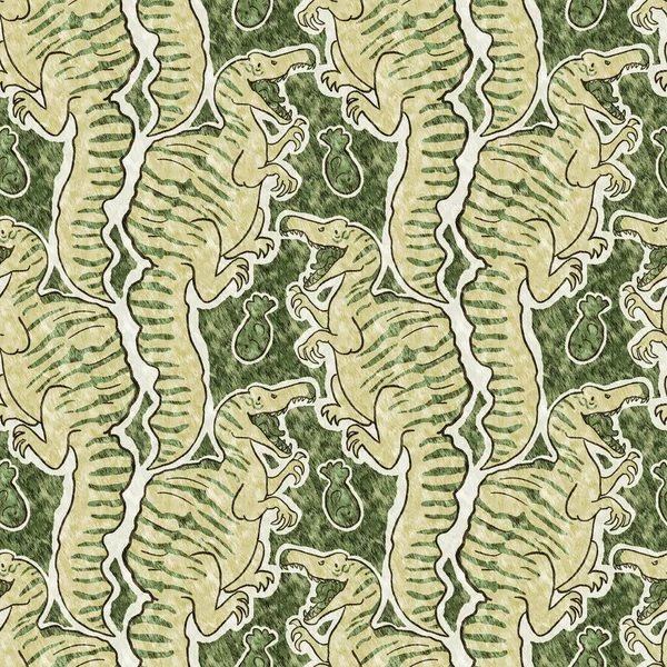 Green hand drawn Spinosaurus dinosaur seamless pattern. Gender Neutral Jurassic fossil silhouette for baby nursery. Home decor for museum, extinction and textile design