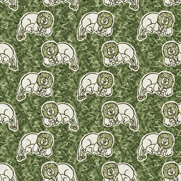 可爱的狩猎狮子野生动物模式为婴儿居室装饰 无缝制毛绿色纹理中性印花设计 — 图库照片