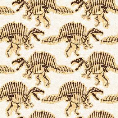 Kahverengi el, Spinosaurus fosil kemikleri çizdi dinozor dikişsiz deseni. Bebek odası için cinsiyet olarak Tarafsız Jurasik siluet. Müze, neslin tükenmesi ve tekstil tasarımı için ev dekorasyonu