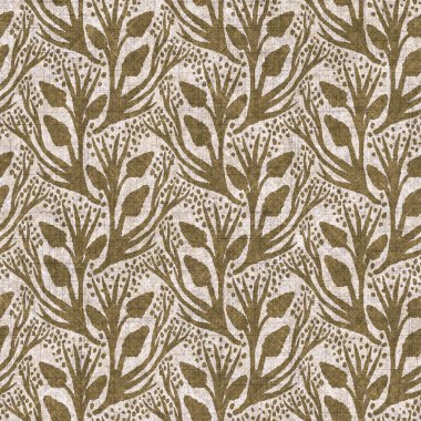 Sepia nötr botanik yaprak dikişsiz keten deseni. Yastık fırlatmak ve mobilya yapmak için organik doğal ton yeşilliği tasarımı. Modern bej kahverengi nötr ev dekorasyonu tekstil kumaşı