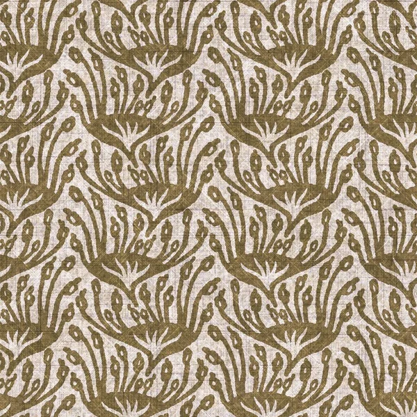 Sepia nötr botanik yaprak dikişsiz keten deseni. Yastık fırlatmak ve mobilya yapmak için organik doğal ton yeşilliği tasarımı. Modern bej kahverengi nötr ev dekorasyonu tekstil kumaşı