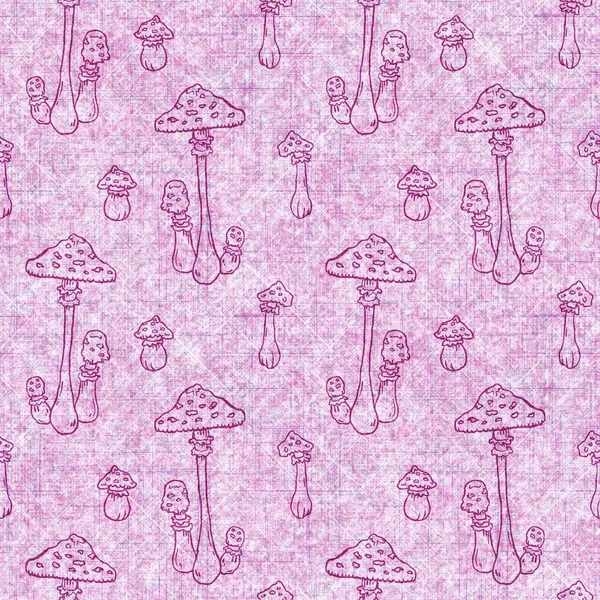 キノコピンクのリネン効果テクスチャパターン キャンバスのためのシームレスな織り森の真菌装飾プリント秋の間中 — ストック写真