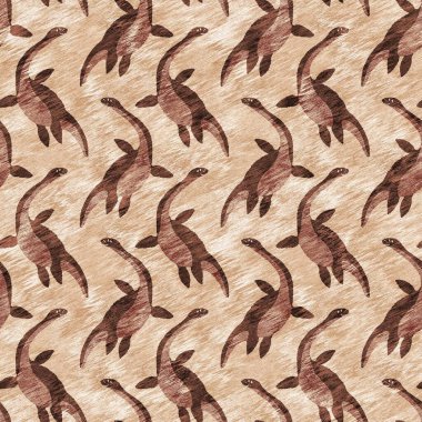 Kahverengi el plesiosaur dinazorunu kusursuz şekilde çizmiş. Bebek yuvası için cinsiyet Nötr Jurasik fosil silueti. Müze, nesli tükenme ve tekstil tasarımı için cinsiyet ayrımı yapılmamış ev dekorasyonu 