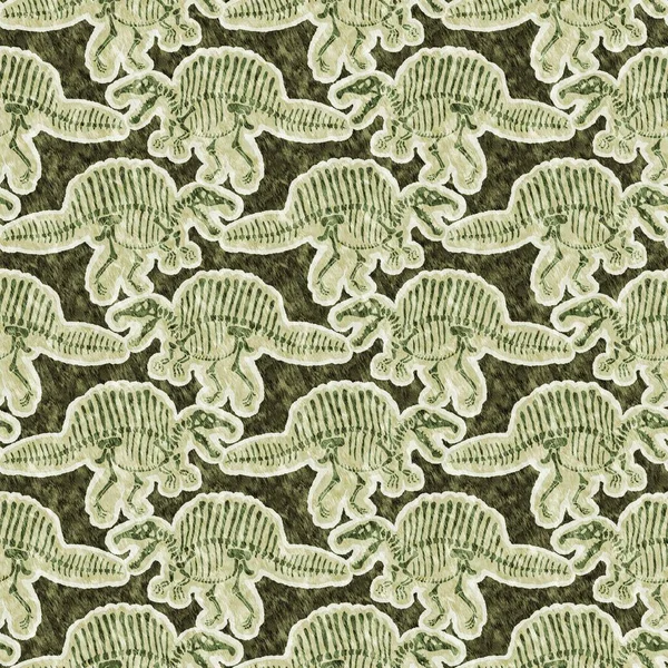 Yeşil el, Spinosaurus fosil kemikleri çizdi dinozor dikişsiz deseni. Bebek odası için cinsiyet olarak Tarafsız Jurasik siluet. Müze, neslin tükenmesi ve tekstil tasarımı için ev dekorasyonu