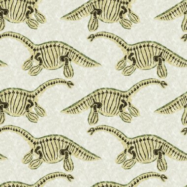 Yeşil plesiosaur dinozor fosil kemikleri dikişsiz desen. Bebek odası için cinsiyet olarak Tarafsız Jurasik siluet. Müze, nesli tükenme ve tekstil tasarımı için cinsiyet ayrımı yapılmamış ev dekorasyonu 