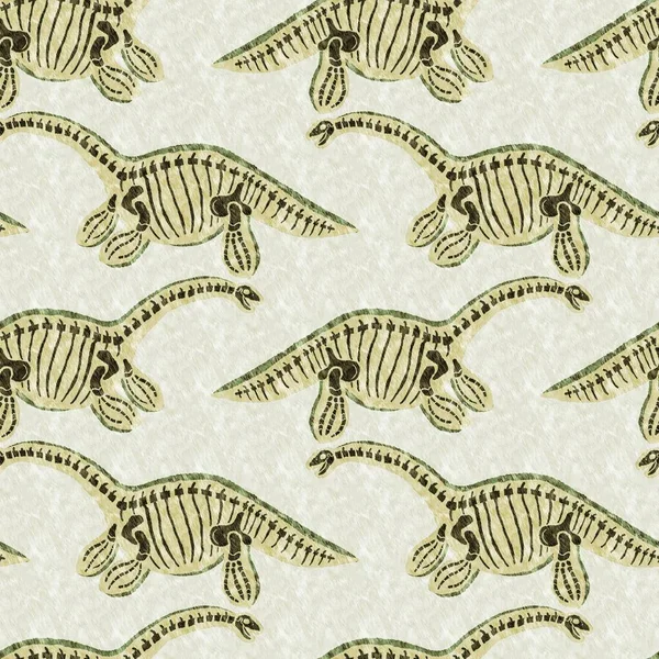 Green plesiosaur dinosaur fossil bones seamless pattern. Gender Neutral Jurassic silhouette for baby nursery. Gender neutral home decor for museum, extinction and textile design
