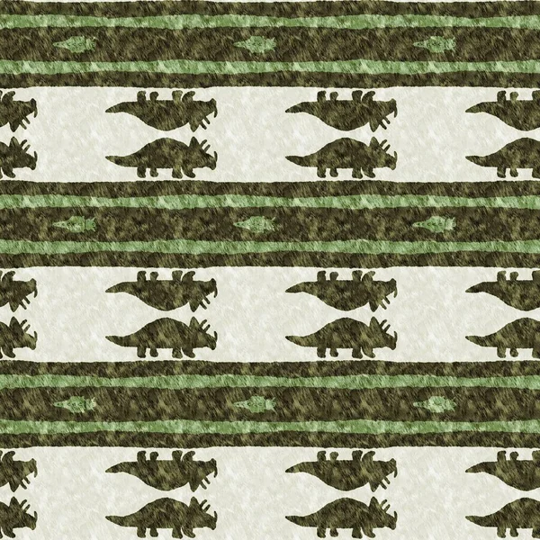 Green hand drawn triceratops dinosaur seamless pattern. Gender Neutral Jurassic fossil silhouette for baby nursery. Gender neutral home decor for museum, extinction and textile design