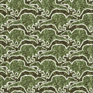 Yeşil el, Spinosaurus fosil kemikleri çizdi dinozor dikişsiz deseni. Bebek odası için cinsiyet olarak Tarafsız Jurasik siluet. Müze, neslin tükenmesi ve tekstil tasarımı için ev dekorasyonu