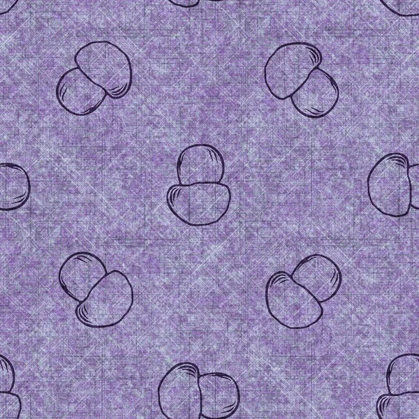 蘑菇无缝手绘亚麻布图案 有机真菌天然色调的色调设计 用于扔枕头 软质家具 现代紫色林地家居装饰 — 图库照片