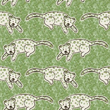 Bebek odası dekorasyonu için şirin safari leoparı vahşi hayvan deseni. Kusursuz kürksüz yeşil desenli cinsiyet nötr iz tasarımı