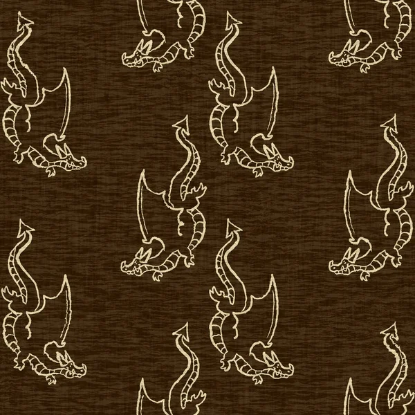 Dragon linen effect texture seamless pattern. Woven mythical beast for fantasy fairytale nursery decor. Decorative draco print for kids wallpaper