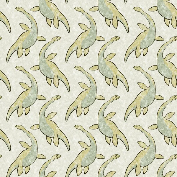 Green Hand Drawn Plesiosaur Dinosaur Seamless Pattern Gender Neutral Jurassic — Stockfoto