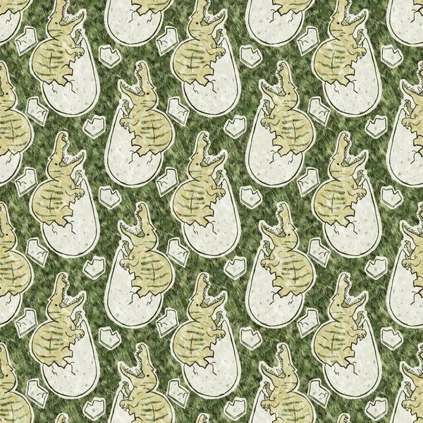 Green hand drawn Spinosaurus in egg seamless pattern. Gender Neutral Jurassic dinosaur fossil silhouette for baby nursery. Home decor for museum, extinction and textile design