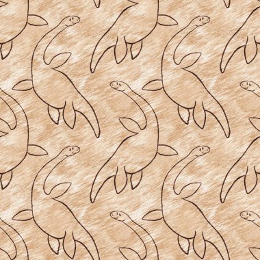 Kahverengi el plesiosaur dinazorunu kusursuz şekilde çizmiş. Bebek yuvası için cinsiyet Nötr Jurasik fosil silueti. Müze, nesli tükenme ve tekstil tasarımı için cinsiyet ayrımı yapılmamış ev dekorasyonu 