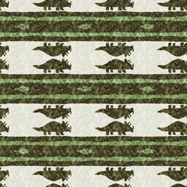 绿色手绘三脚架恐龙无缝图案 用于婴儿保育的中性侏罗纪化石轮廓 博物馆 灭绝和纺织品设计用中性家居装饰 — 图库照片