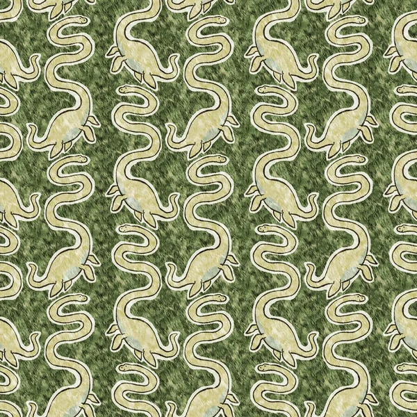 Green Hand Drawn Plesiosaur Dinosaur Seamless Pattern Gender Neutral Jurassic — Stock Photo, Image