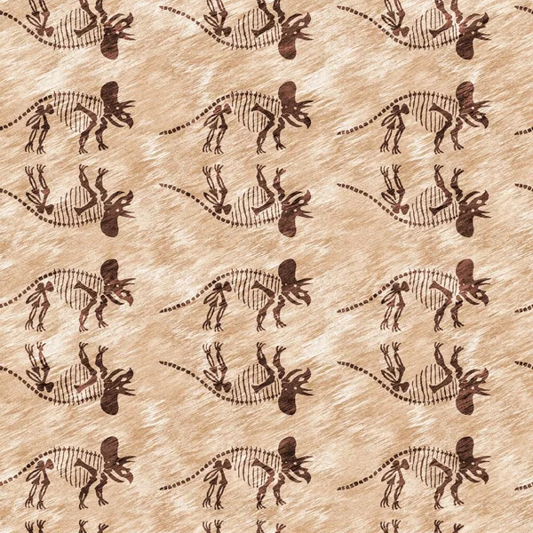 褐色手绘三叶草恐龙无缝图案 用于婴儿保育的中性侏罗纪化石轮廓 博物馆 灭绝和纺织品设计用中性家居装饰 — 图库照片