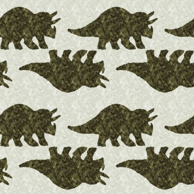 Green hand drawn triceratops dinosaur seamless pattern. Gender Neutral Jurassic fossil silhouette for baby nursery. Gender neutral home decor for museum, extinction and textile design