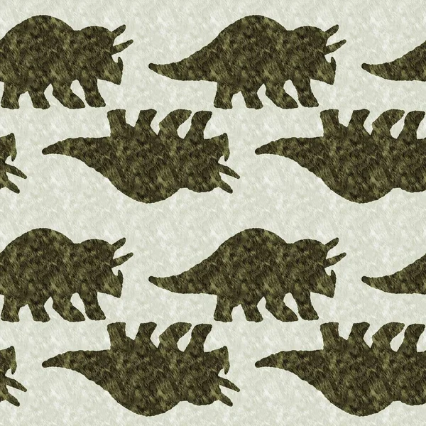 Green hand drawn triceratops dinosaur seamless pattern. Gender Neutral Jurassic fossil silhouette for baby nursery. Gender neutral home decor for museum, extinction and textile design