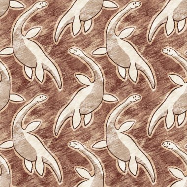 Kahverengi el plesiosaur dinazorunu kusursuz şekilde çizmiş. Bebek yuvası için cinsiyet Nötr Jurasik fosil silueti. Müze, nesli tükenme ve tekstil tasarımı için cinsiyet ayrımı yapılmamış ev dekorasyonu 