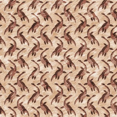 Kahverengi el plesiosaur dinazorunu kusursuz şekilde çizmiş. Bebek yuvası için cinsiyet Nötr Jurasik fosil silueti. Müze, nesli tükenme ve tekstil tasarımı için cinsiyet ayrımı yapılmamış ev dekorasyonu 