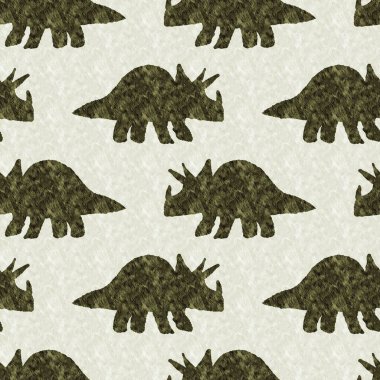 Green hand drawn triceratops dinosaur seamless pattern. Gender Neutral Jurassic fossil silhouette for baby nursery. Gender neutral home decor for museum, extinction and textile design