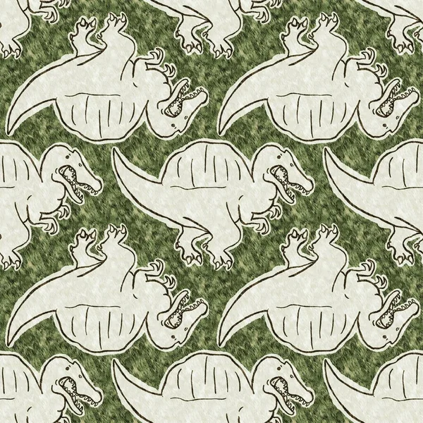 Green hand drawn Spinosaurus dinosaur seamless pattern. Gender Neutral Jurassic fossil silhouette for baby nursery. Home decor for museum, extinction and textile design