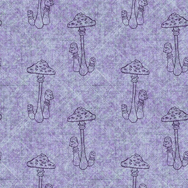 Mushroom seamless hand drawn linen style pattern. Organic fungi natural tone on tone design for throw pillow, soft furnishing. Modern purple woodland home decor