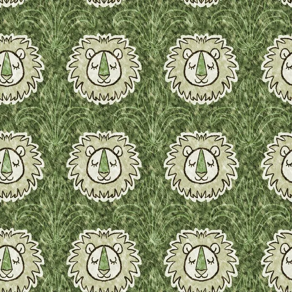 Cute safari lion wild animal pattern for babies room decor. Seamless furry green textured gender neutral print design