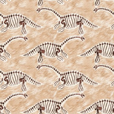 Kahverengi plesiosaur dinozor fosil kemikleri dikişsiz desen. Bebek odası için cinsiyet olarak Tarafsız Jurasik siluet. Müze, nesli tükenme ve tekstil tasarımı için cinsiyet ayrımı yapılmamış ev dekorasyonu