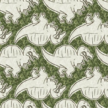 Yeşil el, Spinosaurus dinazorunu kusursuz şekilde çizdi. Bebek yuvası için cinsiyet Nötr Jurasik fosil silueti. Müze, neslin tükenmesi ve tekstil tasarımı için ev dekorasyonu